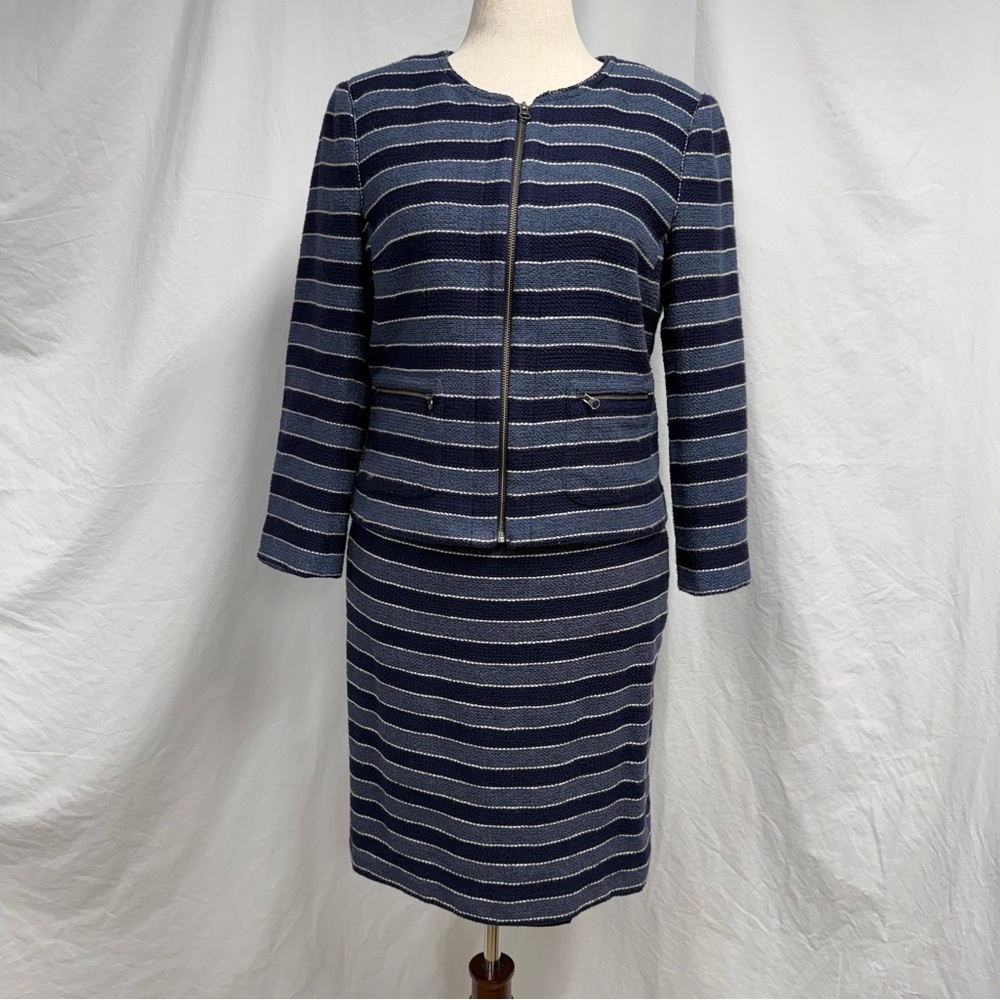LOFT Navy and White Woven Striped Jacket and Skirt Set